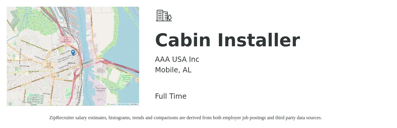 AAA USA Inc job posting for a Cabin Installer in Mobile, AL with a salary of $16 to $32 Hourly with a map of Mobile location.