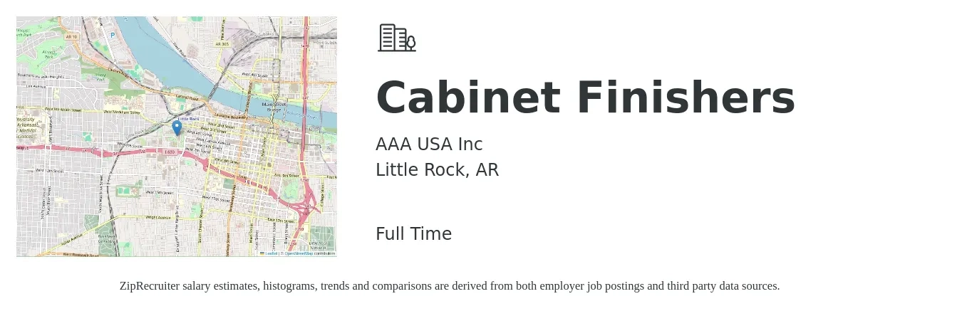 AAA USA Inc job posting for a Cabinet Finishers in Little Rock, AR with a salary of $17 to $23 Hourly with a map of Little Rock location.