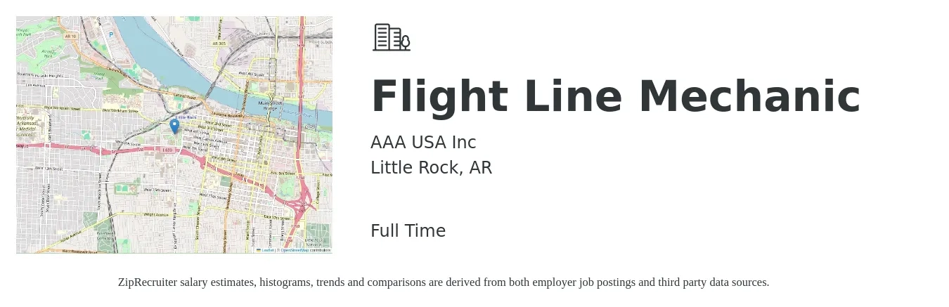 AAA USA Inc job posting for a Flight Line Mechanic in Little Rock, AR with a salary of $22 to $31 Hourly with a map of Little Rock location.