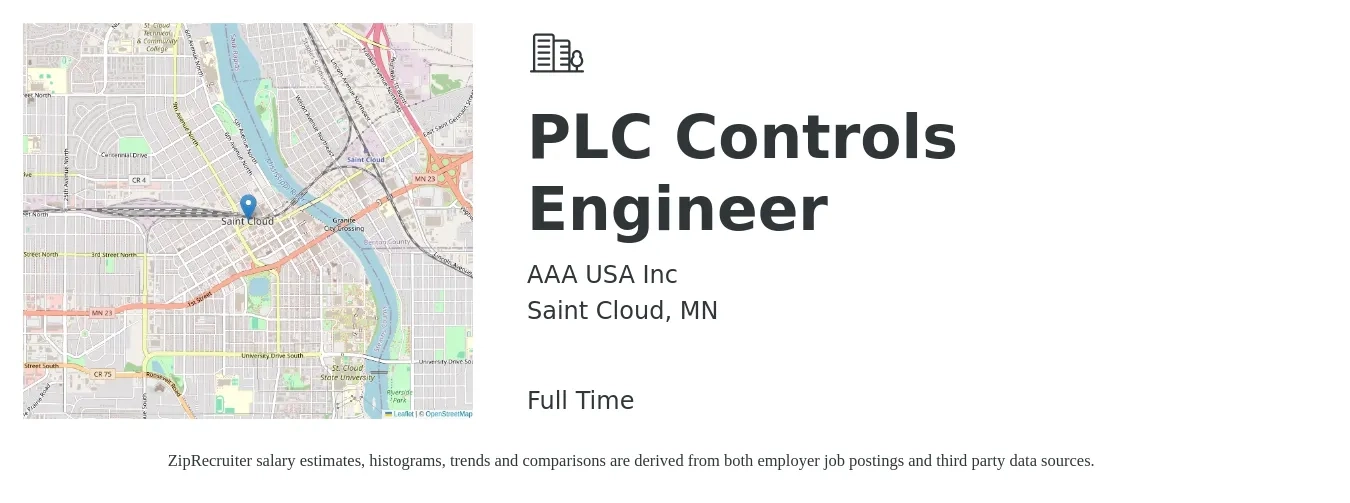 AAA USA Inc job posting for a PLC Controls Engineer in Saint Cloud, MN with a salary of $77,300 to $99,100 Yearly with a map of Saint Cloud location.