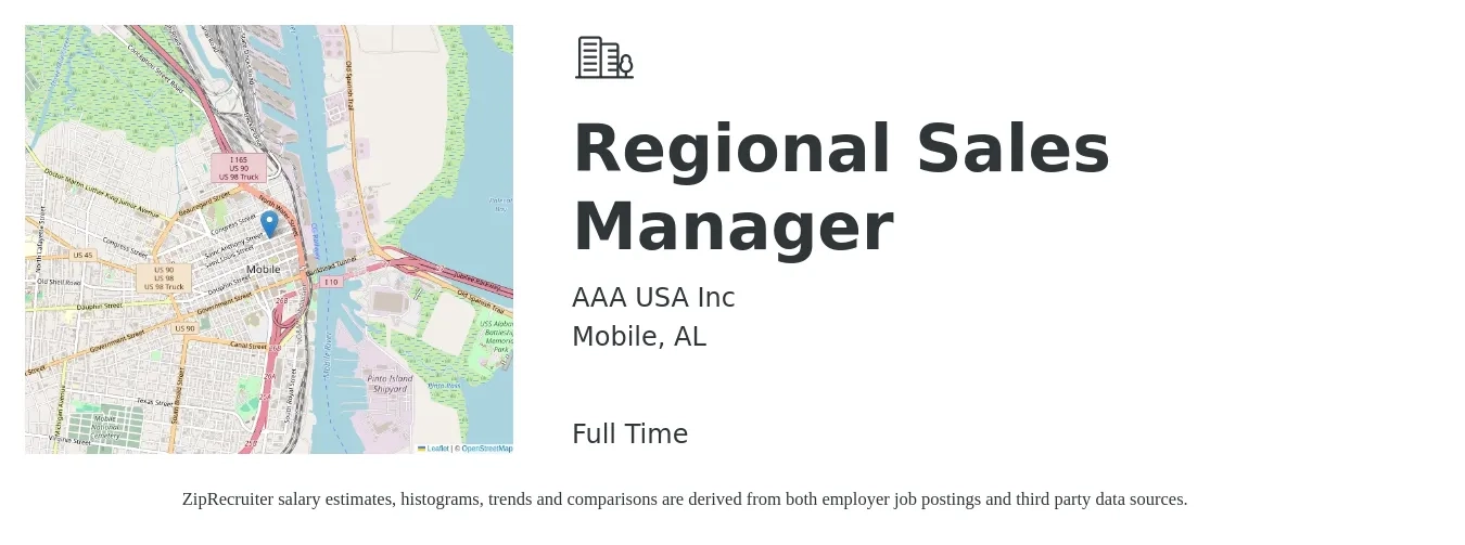 AAA USA Inc job posting for a Regional Sales Manager in Mobile, AL with a salary of $71,700 to $112,000 Yearly with a map of Mobile location.