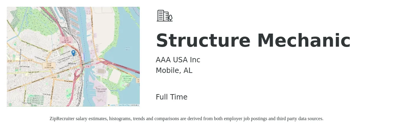 AAA USA Inc job posting for a Structure Mechanic in Mobile, AL with a salary of $21 to $38 Hourly with a map of Mobile location.