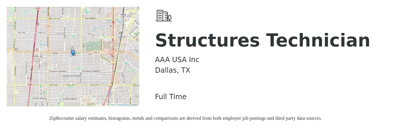 AAA USA Inc job posting for a Structures Technician in Dallas, TX with a salary of $20 to $42 Hourly with a map of Dallas location.