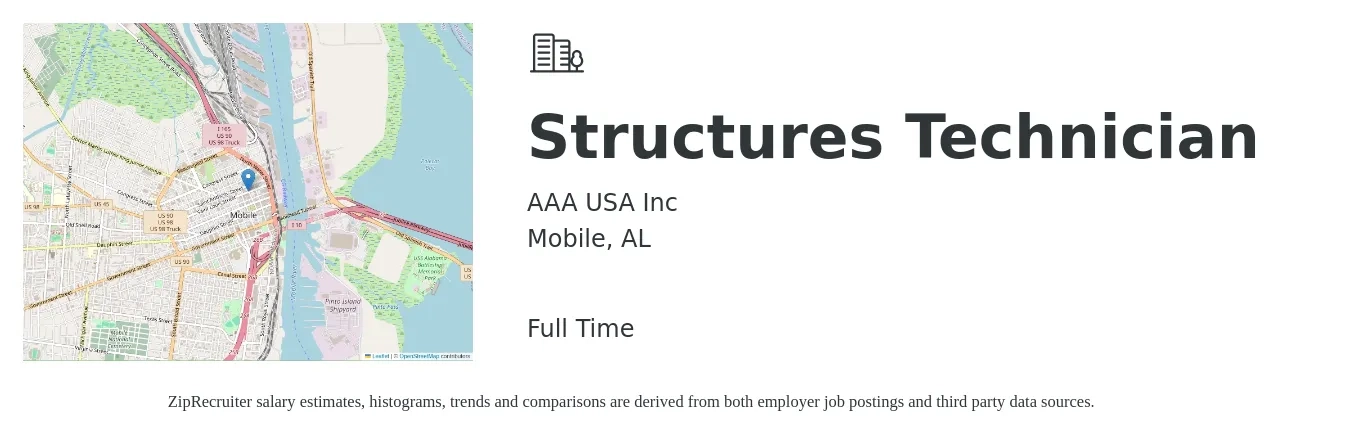AAA USA Inc job posting for a Structures Technician in Mobile, AL with a salary of $17 to $36 Hourly with a map of Mobile location.