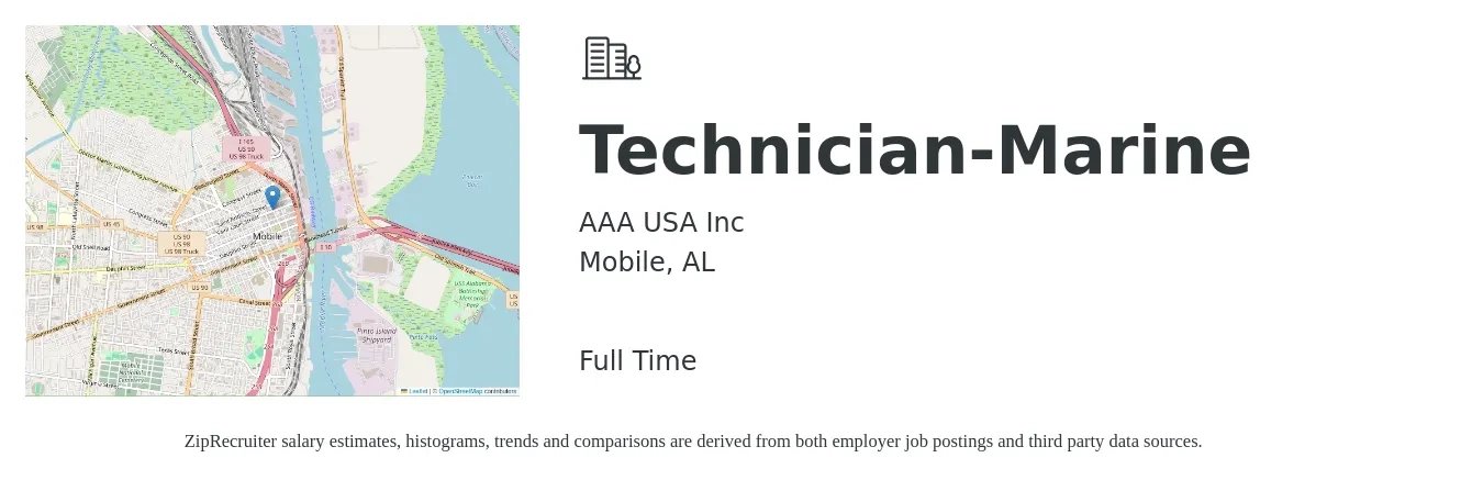 AAA USA Inc job posting for a Technician-Marine in Mobile, AL with a salary of $23 to $32 Hourly with a map of Mobile location.