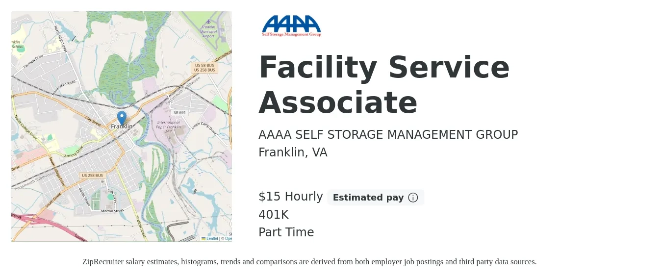 AAAA SELF STORAGE MANAGEMENT GROUP job posting for a Facility Service Associate in Franklin, VA with a salary of $16 Hourly and benefits including 401k with a map of Franklin location.