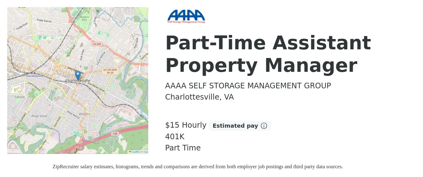 AAAA SELF STORAGE MANAGEMENT GROUP job posting for a Part-Time Assistant Property Manager in Charlottesville, VA with a salary of $16 Hourly (plus commission) and benefits including 401k with a map of Charlottesville location.