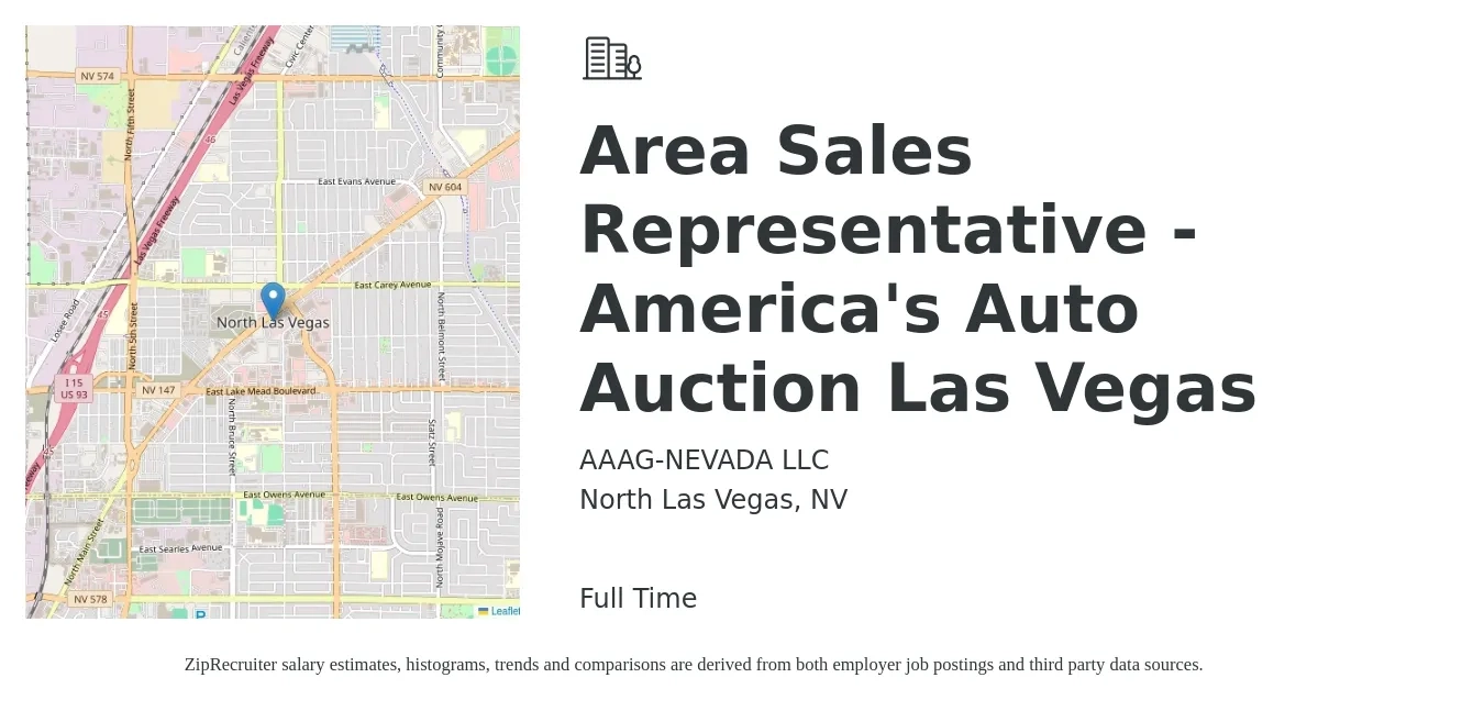 AAAG-NEVADA LLC job posting for a Area Sales Representative - America's Auto Auction Las Vegas in North Las Vegas, NV with a salary of $49,800 to $86,500 Yearly with a map of North Las Vegas location.