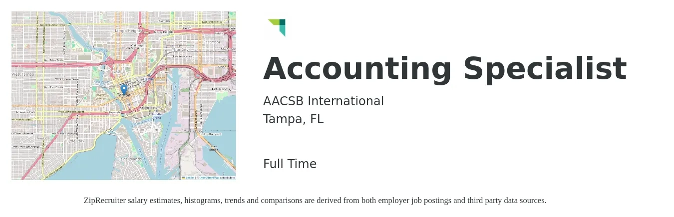 AACSB International job posting for a Accounting Specialist in Tampa, FL with a salary of $20 to $27 Hourly with a map of Tampa location.
