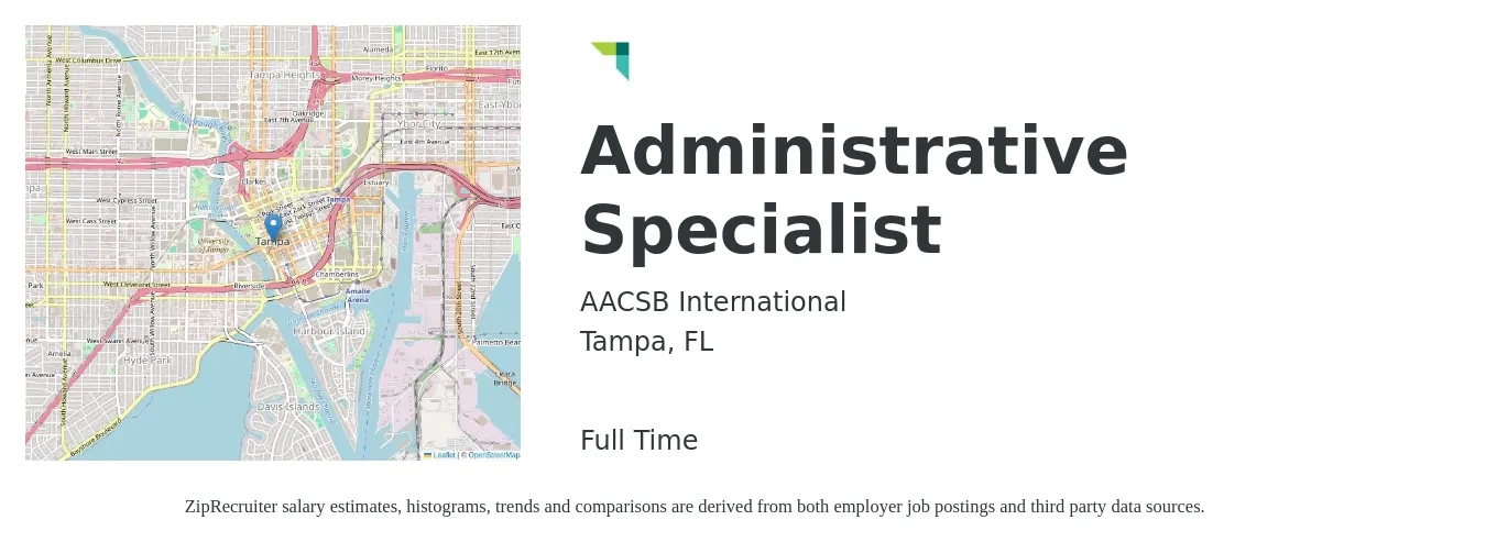 AACSB International job posting for a Administrative Specialist in Tampa, FL with a salary of $43,900 to $59,500 Yearly with a map of Tampa location.
