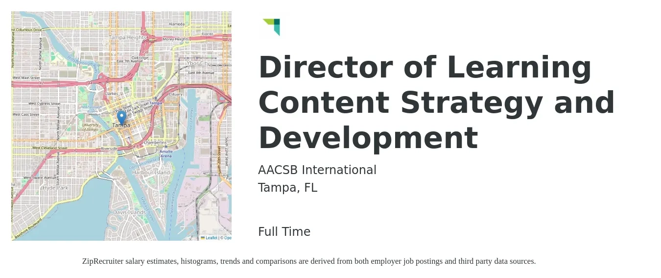 AACSB International job posting for a Director of Learning Content Strategy and Development in Tampa, FL with a salary of $85,500 to $125,200 Yearly with a map of Tampa location.