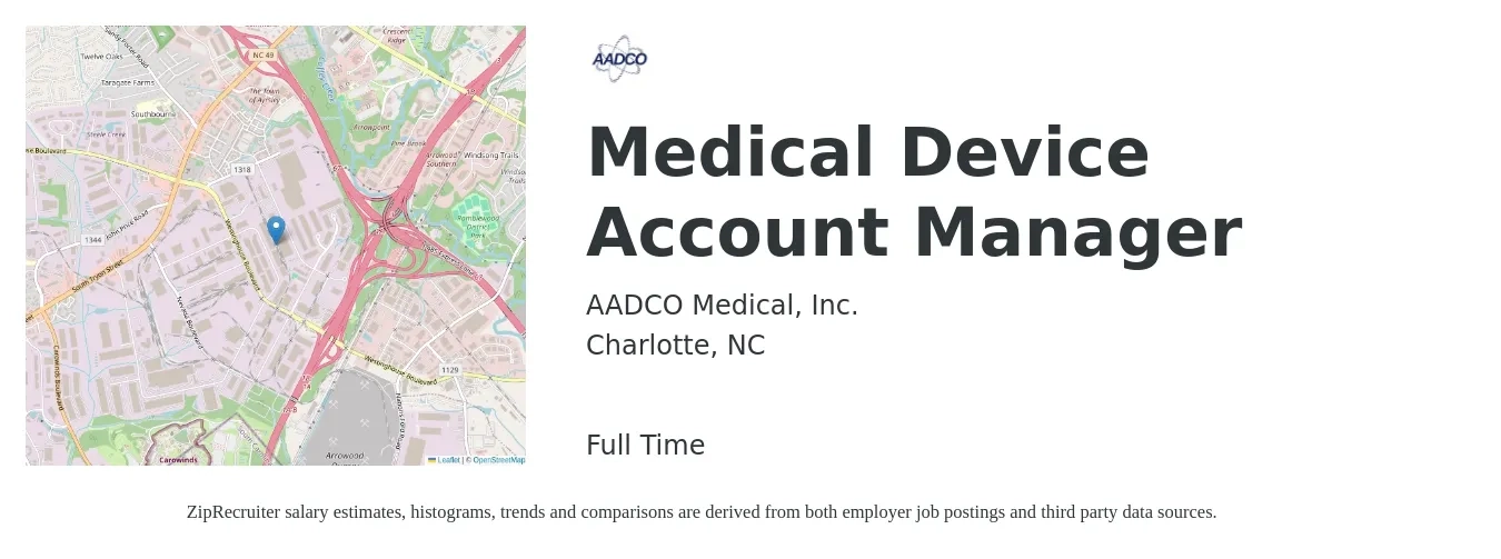AADCO Medical, Inc. job posting for a Medical Device Account Manager in Charlotte, NC with a salary of $45,000 Monthly with a map of Charlotte location.