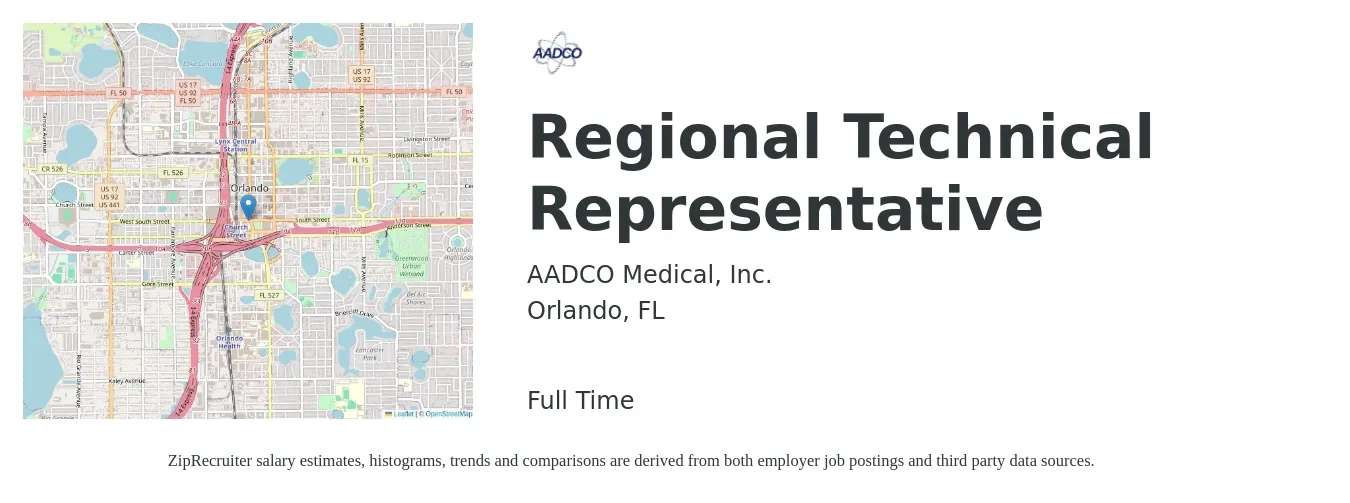 AADCO Medical, Inc. job posting for a Regional Technical Representative in Orlando, FL with a salary of $47,100 to $86,300 Yearly with a map of Orlando location.