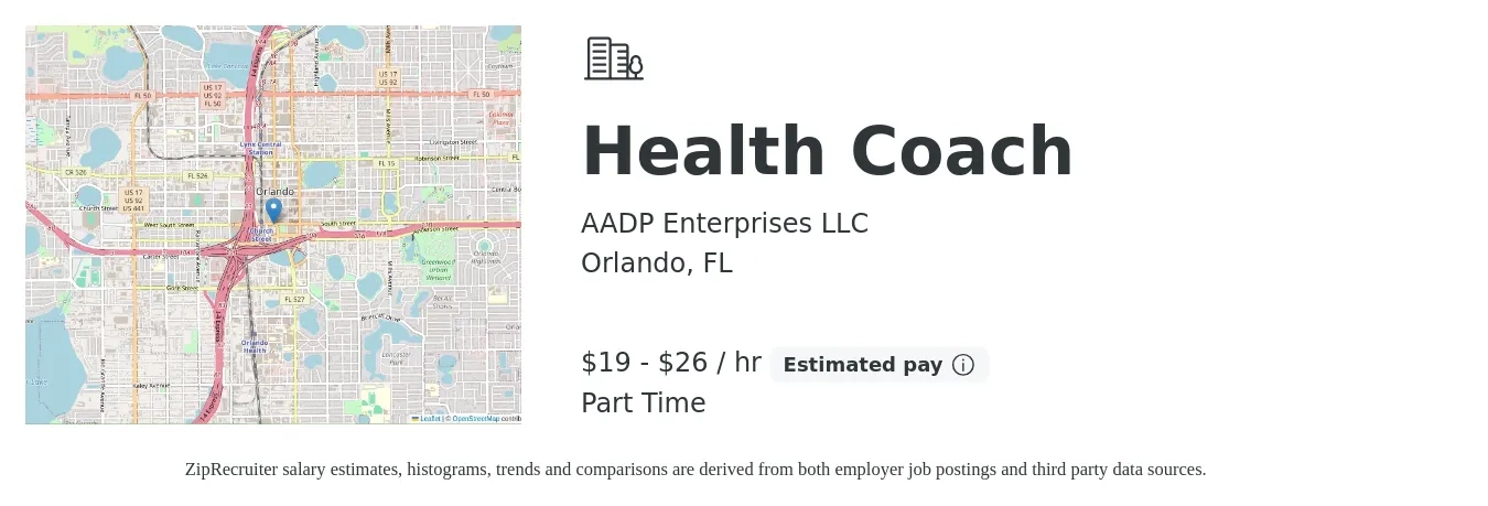 AADP Enterprises LLC job posting for a Health Coach in Orlando, FL with a salary of $20 to $28 Hourly with a map of Orlando location.