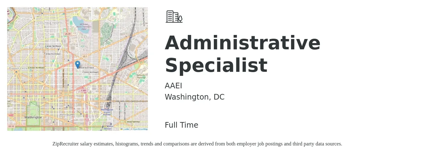 AAEI job posting for a Administrative Specialist in Washington, DC with a salary of $40,000 to $45,000 Yearly with a map of Washington location.
