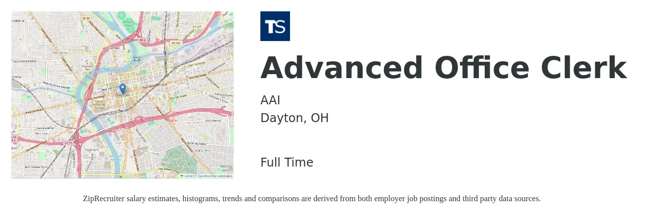 AAI job posting for a Advanced Office Clerk in Dayton, OH with a salary of $16 Hourly with a map of Dayton location.