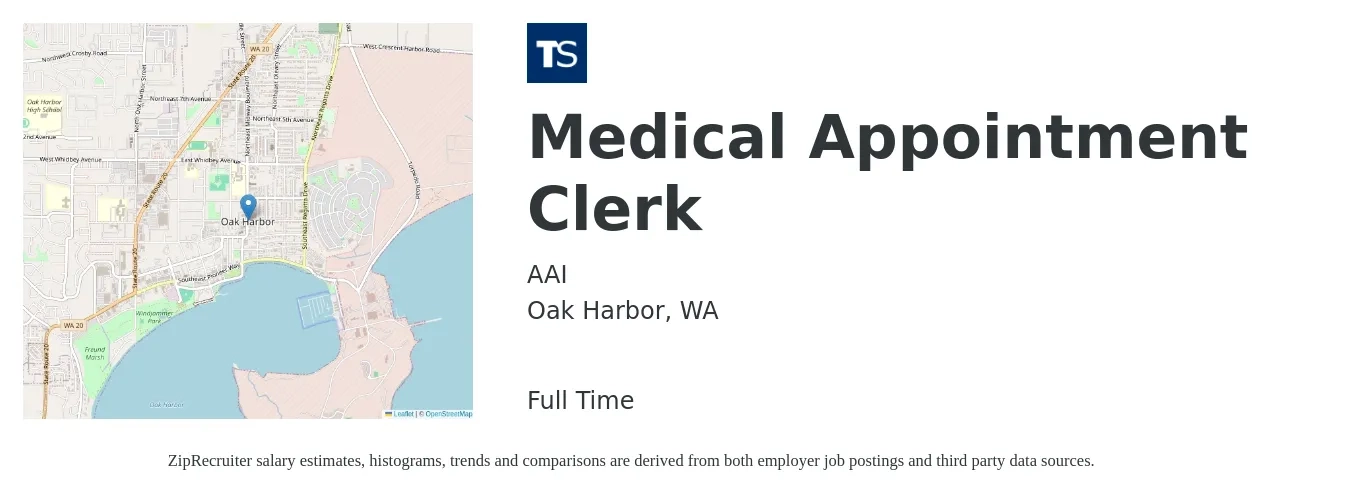AAI job posting for a Medical Appointment Clerk in Oak Harbor, WA with a salary of $18 Hourly with a map of Oak Harbor location.
