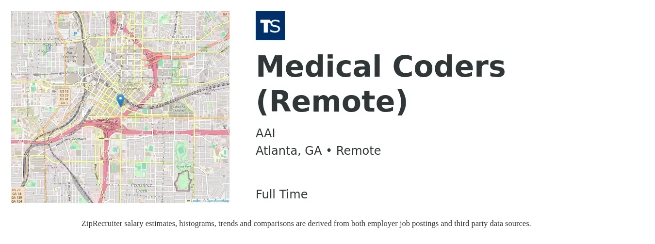AAI job posting for a Medical Coders (Remote) in Atlanta, GA with a salary of $24 to $26 Hourly with a map of Atlanta location.