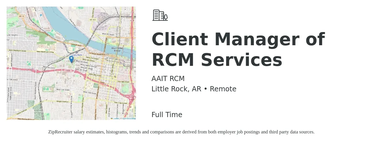 AAIT RCM job posting for a Client Manager of RCM Services in Little Rock, AR with a salary of $41,000 to $68,000 Yearly with a map of Little Rock location.