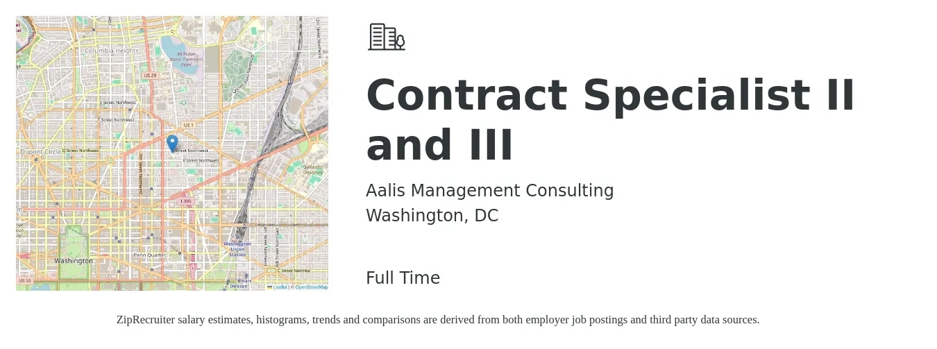 Aalis Management Consulting job posting for a Contract Specialist II and III in Washington, DC with a salary of $64,500 to $111,500 Yearly with a map of Washington location.