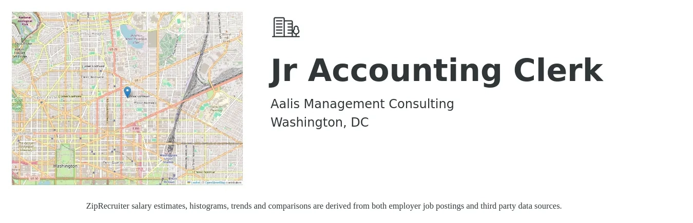 Aalis Management Consulting job posting for a Jr Accounting Clerk in Washington, DC with a salary of $18 to $28 Hourly with a map of Washington location.