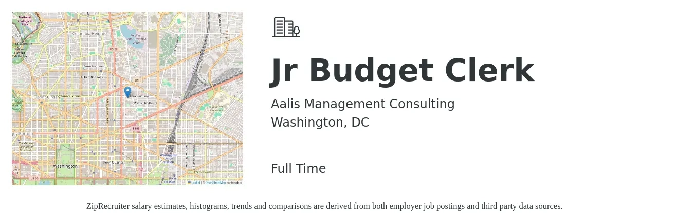 Aalis Management Consulting job posting for a Jr Budget Clerk in Washington, DC with a salary of $22 to $24 Hourly with a map of Washington location.
