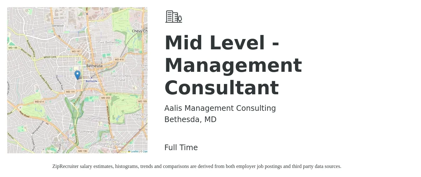 Aalis Management Consulting job posting for a Mid Level - Management Consultant in Bethesda, MD with a salary of $53,500 to $61,500 Yearly with a map of Bethesda location.