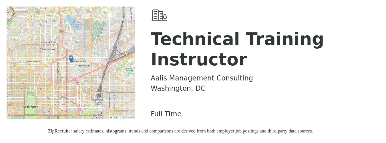 Aalis Management Consulting job posting for a Technical Training Instructor in Washington, DC with a salary of $58,900 to $87,200 Yearly with a map of Washington location.
