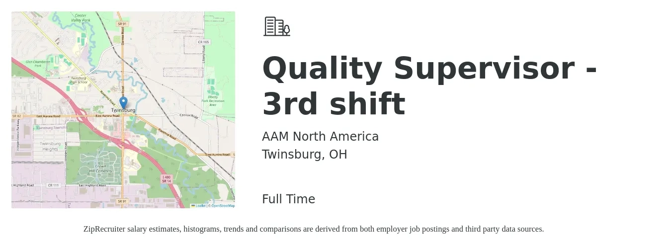 AAM North America job posting for a Quality Supervisor - 3rd shift in Twinsburg, OH with a salary of $36 Hourly with a map of Twinsburg location.