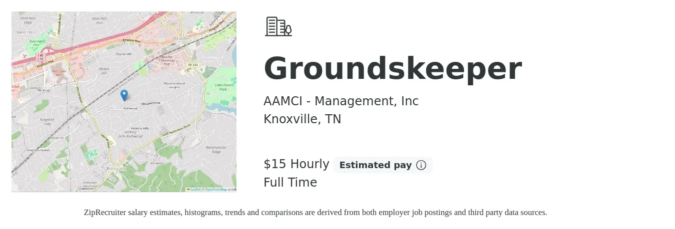 AAMCI - Management, Inc job posting for a Groundskeeper in Knoxville, TN with a salary of $16 Hourly with a map of Knoxville location.