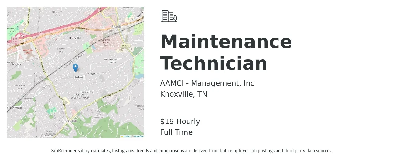 AAMCI - Management, Inc job posting for a Maintenance Technician in Knoxville, TN with a salary of $20 Hourly with a map of Knoxville location.