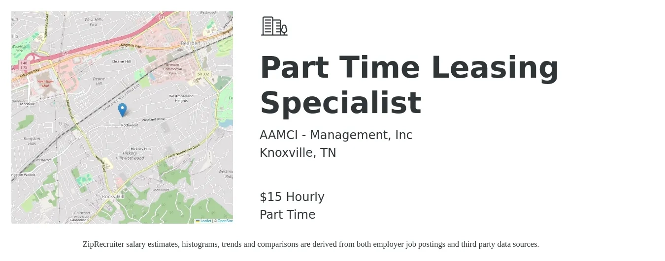 AAMCI - Management, Inc job posting for a Part Time Leasing Specialist in Knoxville, TN with a salary of $16 Hourly with a map of Knoxville location.