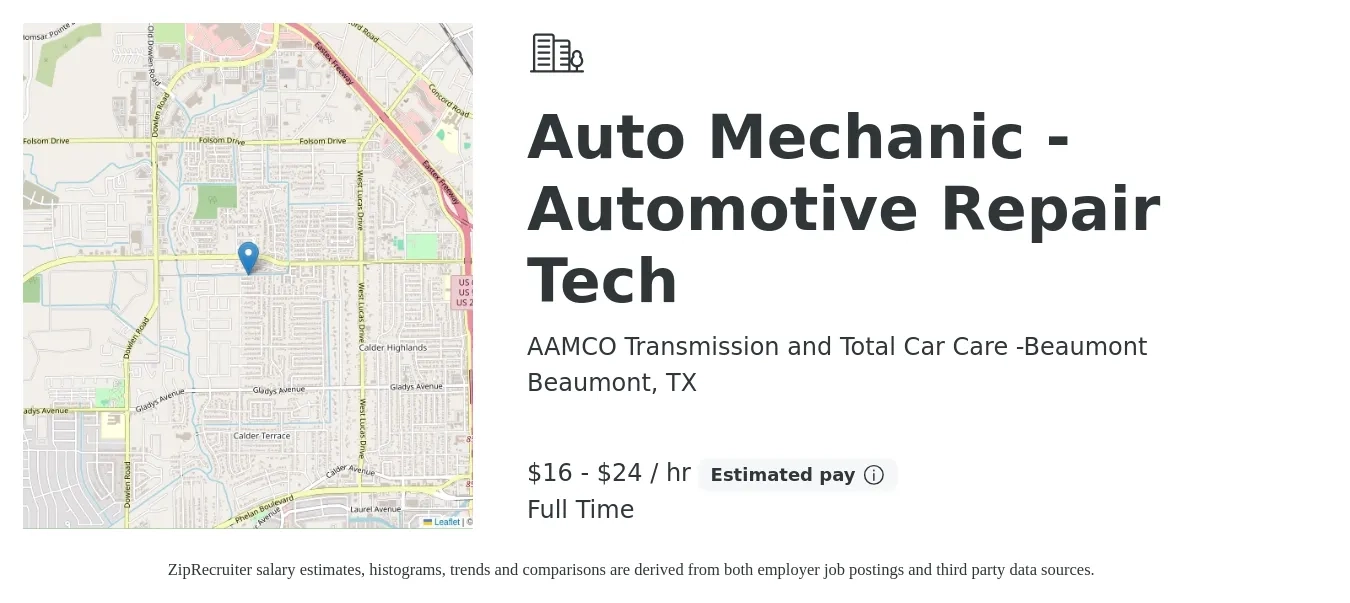 AAMCO Transmission and Total Car Care -Beaumont job posting for a Auto Mechanic - Automotive Repair Tech in Beaumont, TX with a salary of $17 to $25 Hourly with a map of Beaumont location.