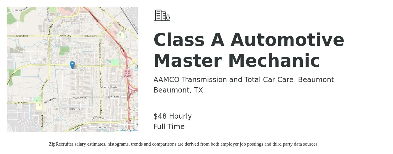 AAMCO Transmission and Total Car Care -Beaumont job posting for a Class A Automotive Master Mechanic in Beaumont, TX with a salary of $50 Hourly with a map of Beaumont location.