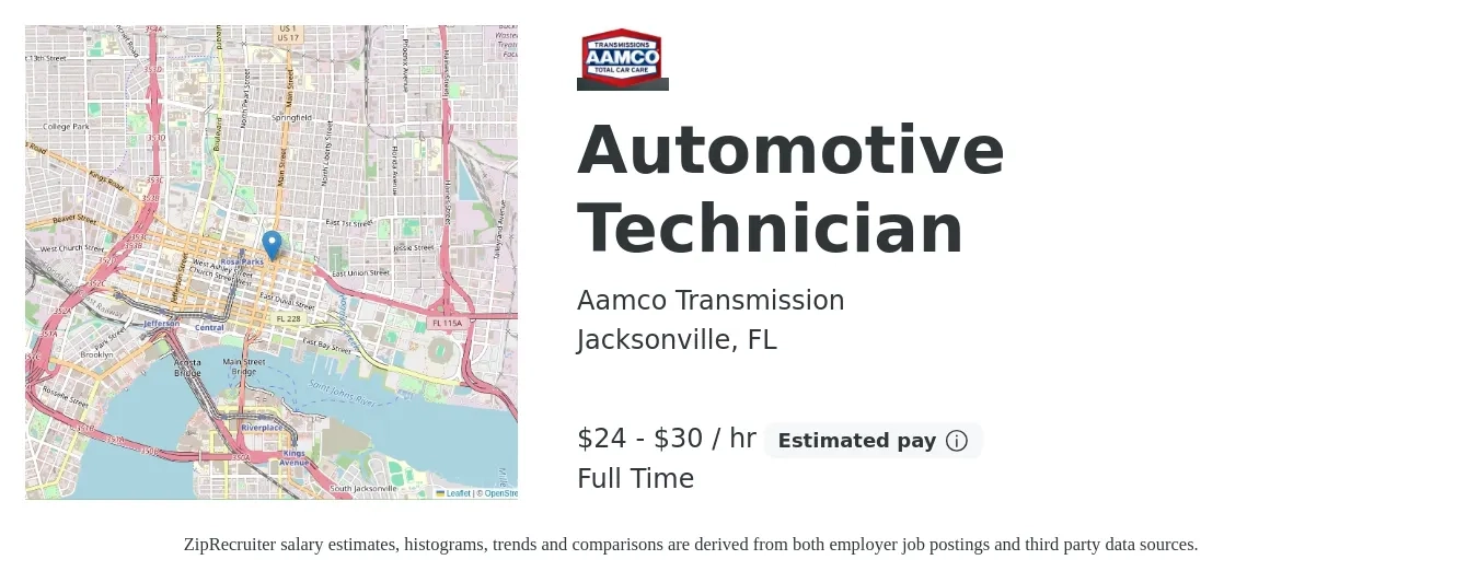 Aamco Transmission job posting for a Automotive Technician in Jacksonville, FL with a salary of $25 to $32 Hourly and benefits including retirement with a map of Jacksonville location.