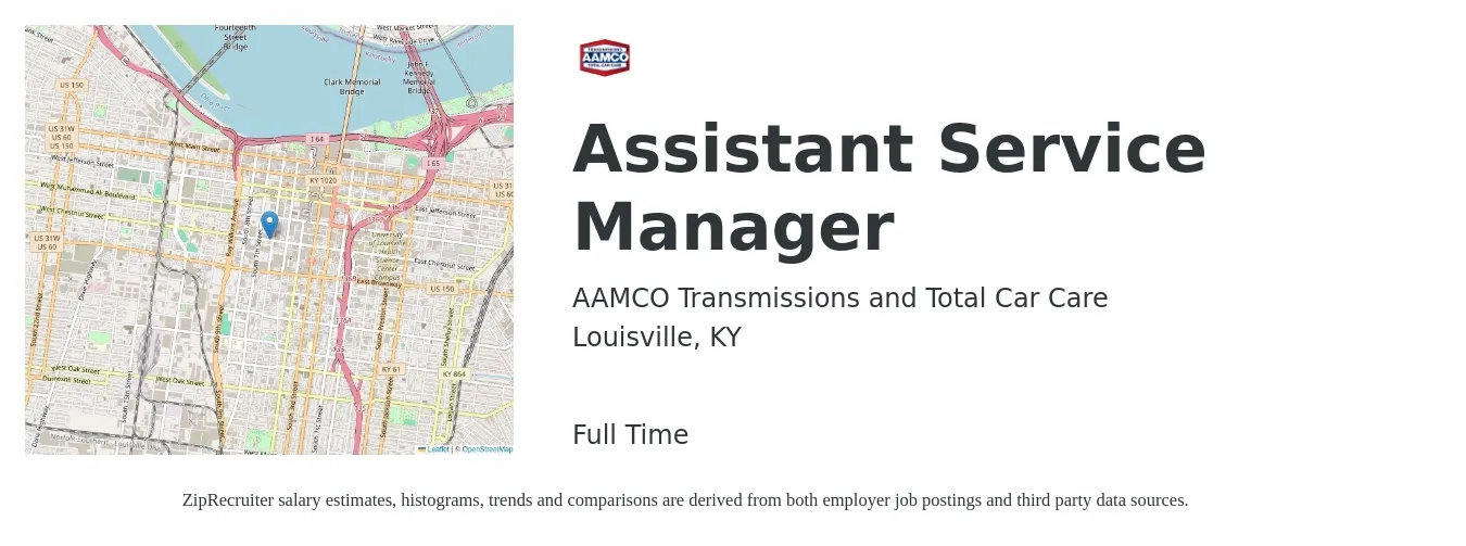 AAMCO Transmissions and Total Car Care job posting for a Assistant Service Manager in Louisville, KY with a salary of $40,800 to $65,800 Yearly with a map of Louisville location.