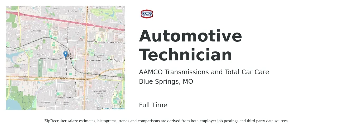 AAMCO Transmissions and Total Car Care job posting for a Automotive Technician in Blue Springs, MO with a salary of $20 to $33 Hourly with a map of Blue Springs location.