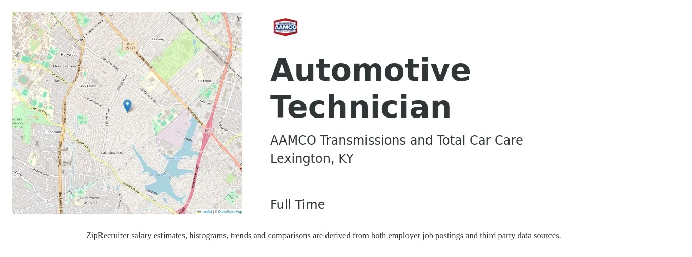 AAMCO Transmissions and Total Car Care job posting for a Automotive Technician in Lexington, KY with a salary of $19 to $30 Hourly with a map of Lexington location.