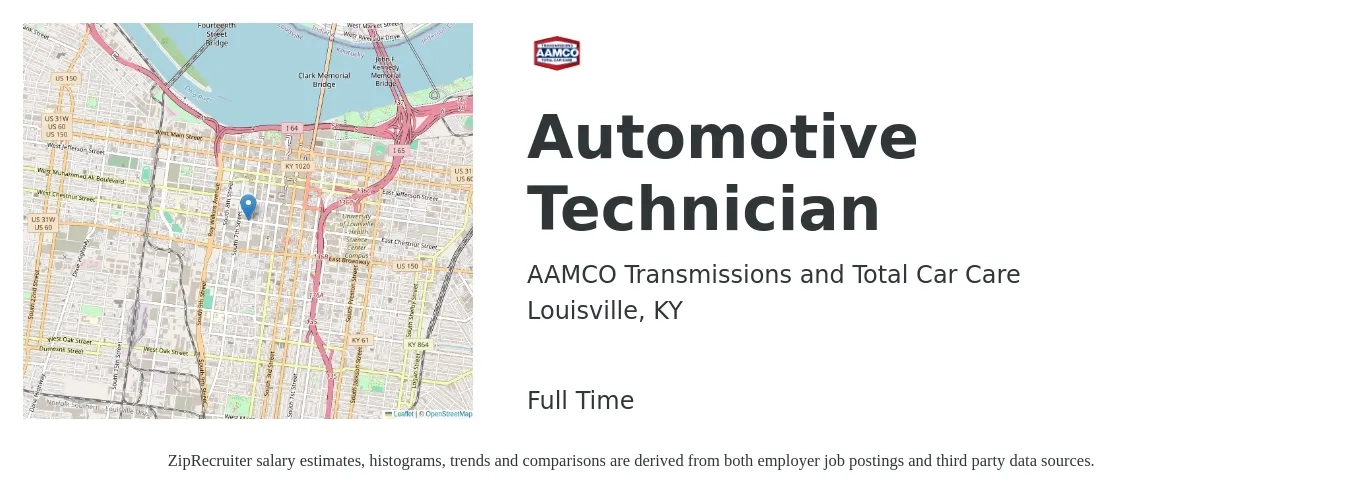 AAMCO Transmissions and Total Car Care job posting for a Automotive Technician in Louisville, KY with a salary of $20 to $32 Hourly with a map of Louisville location.