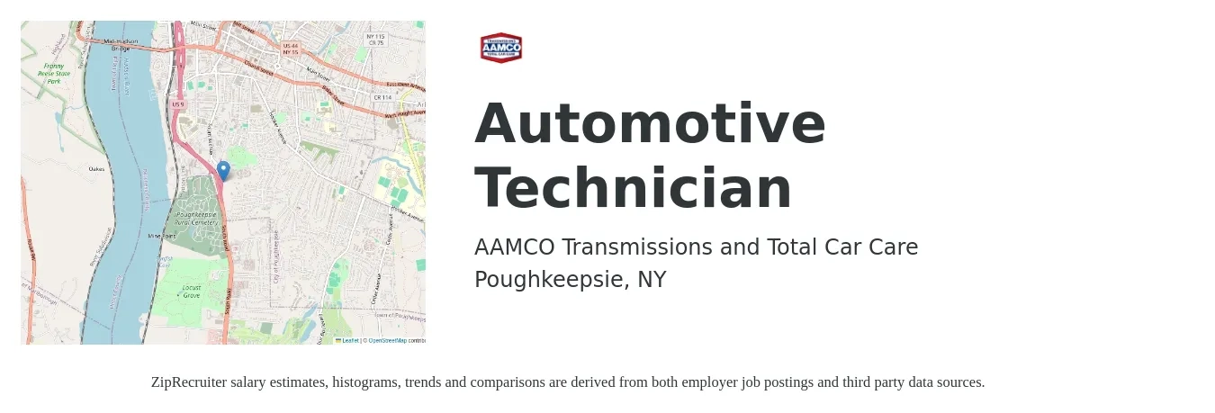AAMCO Transmissions and Total Car Care job posting for a Automotive Technician in Poughkeepsie, NY with a salary of $18 to $45 Hourly with a map of Poughkeepsie location.