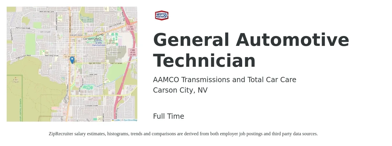 AAMCO Transmissions and Total Car Care job posting for a General Automotive Technician in Carson City, NV with a salary of $22 Hourly with a map of Carson City location.