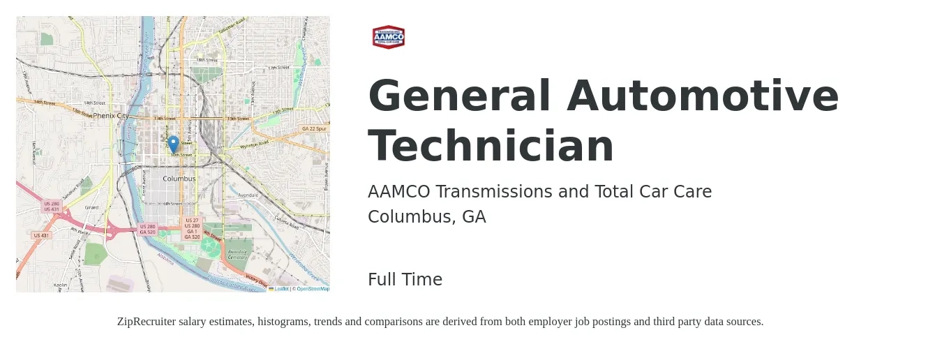 AAMCO Transmissions and Total Car Care job posting for a General Automotive Technician in Columbus, GA with a salary of $17 to $28 Hourly with a map of Columbus location.