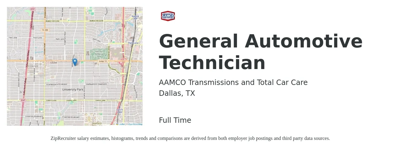 AAMCO Transmissions and Total Car Care job posting for a General Automotive Technician in Dallas, TX with a salary of $22 to $34 Hourly with a map of Dallas location.