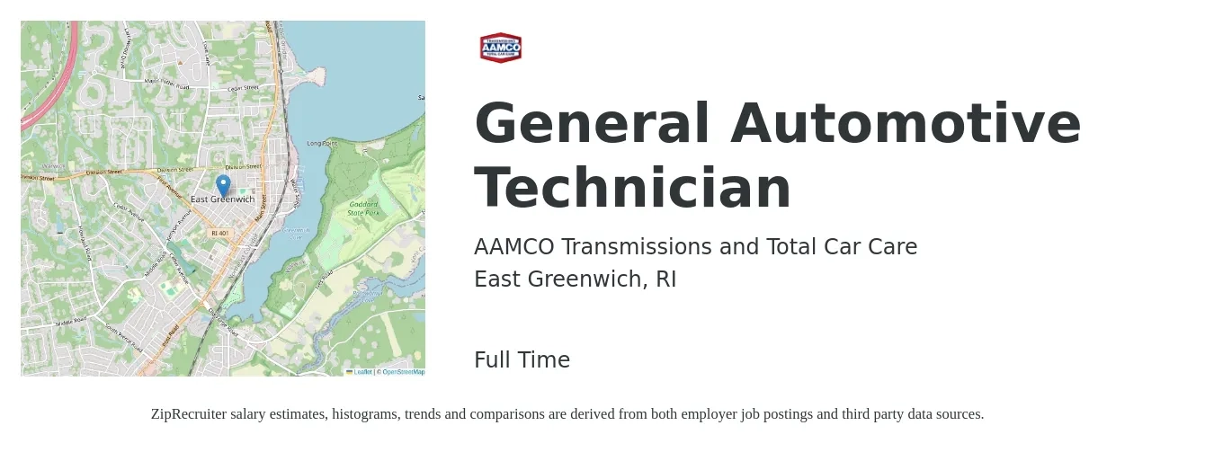 AAMCO Transmissions and Total Car Care job posting for a General Automotive Technician in East Greenwich, RI with a salary of $22 to $34 Hourly with a map of East Greenwich location.