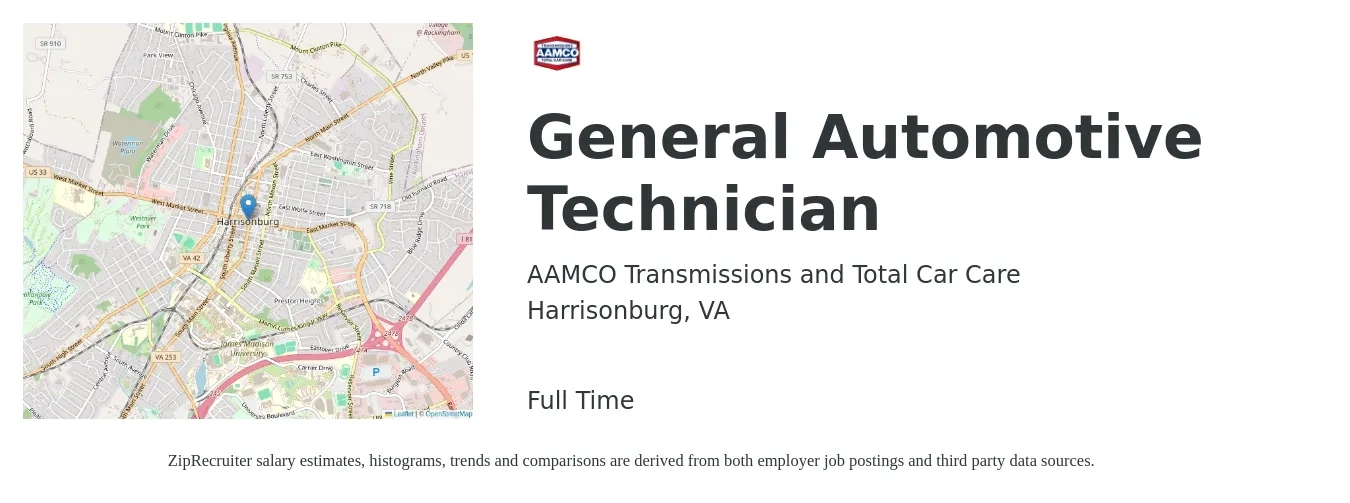 AAMCO Transmissions and Total Car Care job posting for a General Automotive Technician in Harrisonburg, VA with a salary of $20 to $32 Hourly with a map of Harrisonburg location.