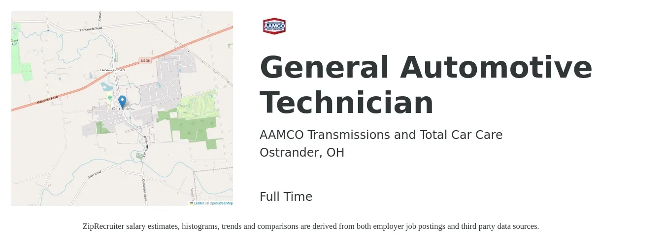 AAMCO Transmissions and Total Car Care job posting for a General Automotive Technician in Ostrander, OH with a salary of $20 to $32 Hourly with a map of Ostrander location.
