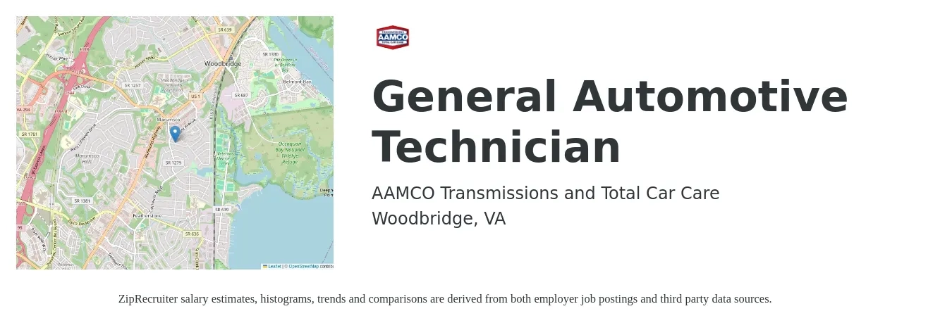 AAMCO Transmissions and Total Car Care job posting for a General Automotive Technician in Woodbridge, VA with a salary of $22 to $34 Hourly with a map of Woodbridge location.