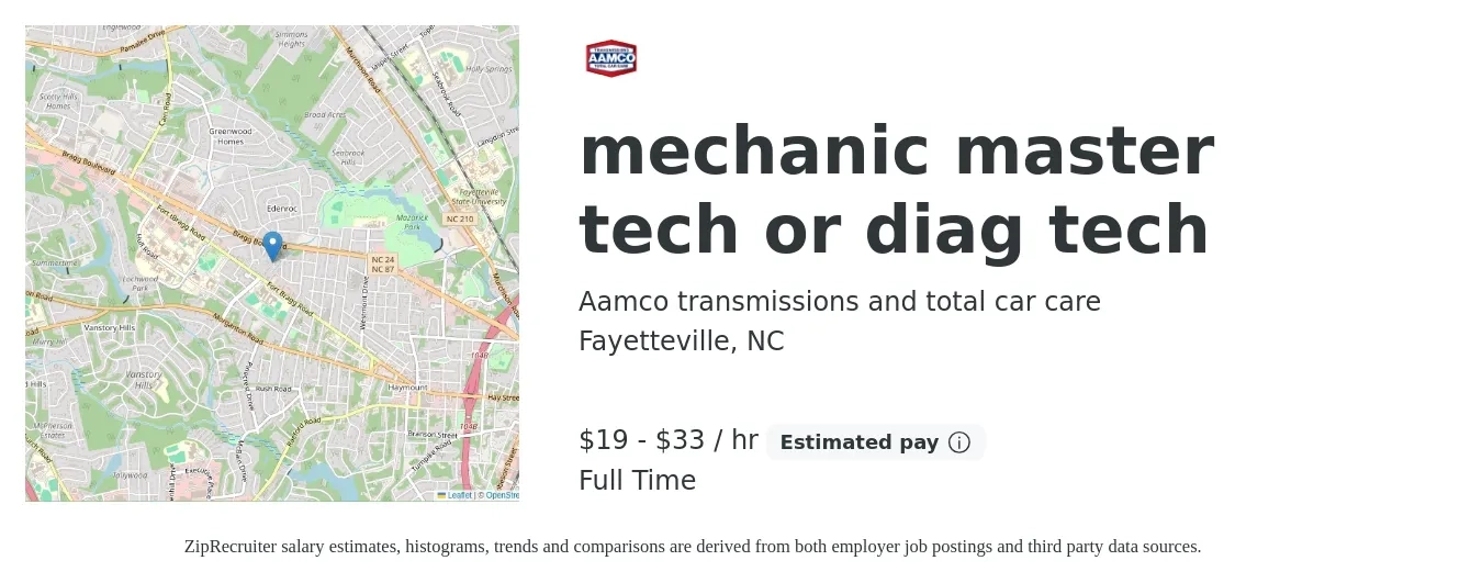 Aamco transmissions and total car care job posting for a mechanic master tech or diag tech in Fayetteville, NC with a salary of $20 to $35 Hourly with a map of Fayetteville location.