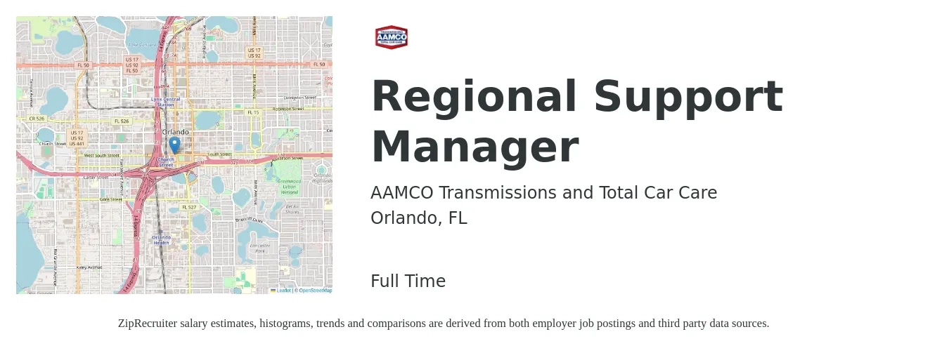 AAMCO Transmissions and Total Car Care job posting for a Regional Support Manager in Orlando, FL with a salary of $67,200 to $105,000 Yearly with a map of Orlando location.