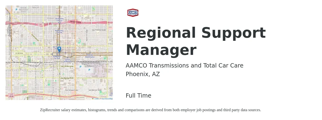 AAMCO Transmissions and Total Car Care job posting for a Regional Support Manager in Phoenix, AZ with a salary of $71,500 to $111,700 Yearly with a map of Phoenix location.